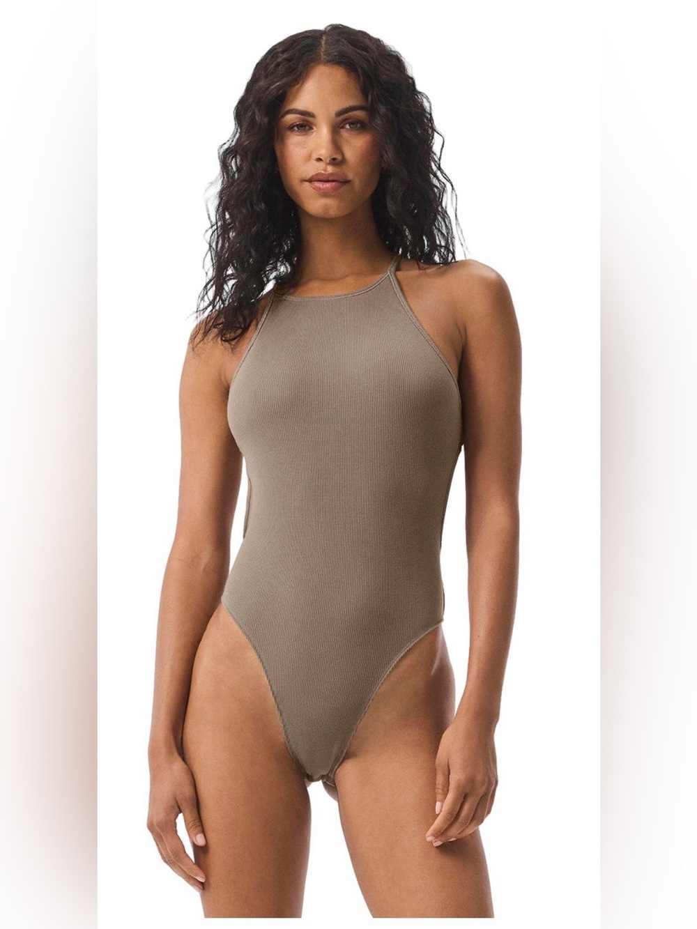 ALO Yoga Ribbed Half-Court Bodysuit – Gravel – Size Small